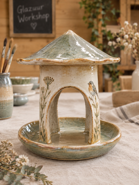 Handgemaakte keramische vogelvoederhuisje in atelier (1)